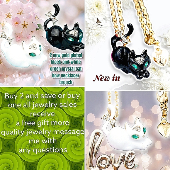 2 new gold plated black-and-white green crystal cat bow necklace/brooches - Picture 1 of 16